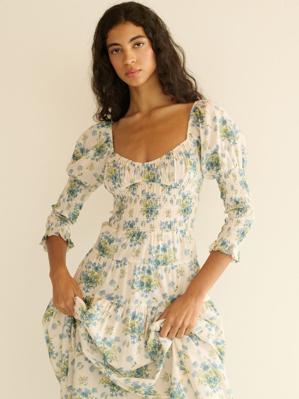 Doen Cream Maxi Dress with Blue Floral Print